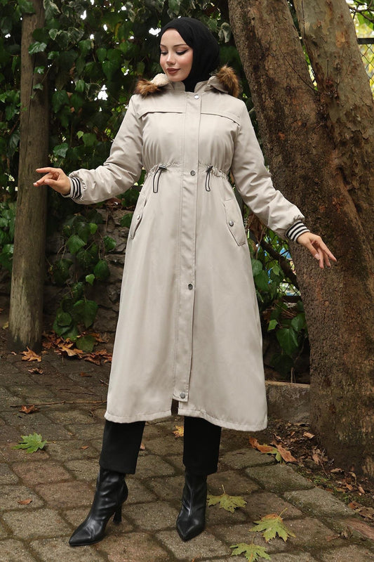Fur Collar Drawstring Waist Coat - Beige