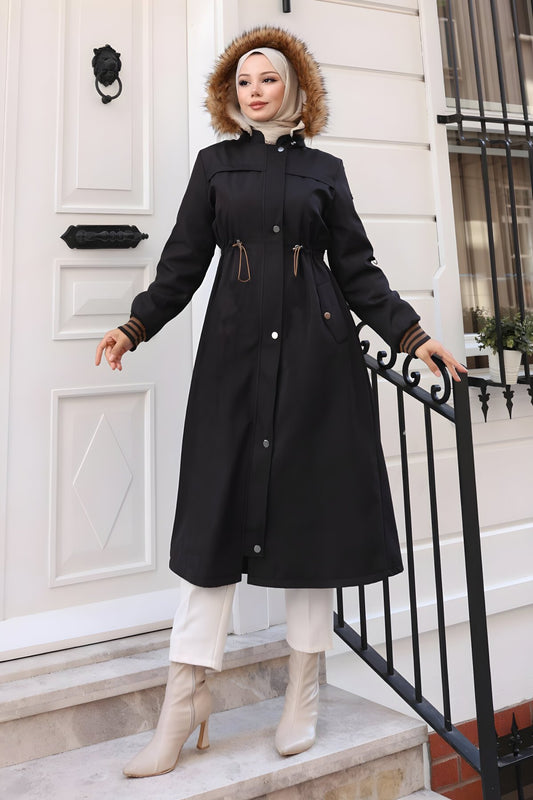 Fur Collar Drawstring Waist Coat - Black