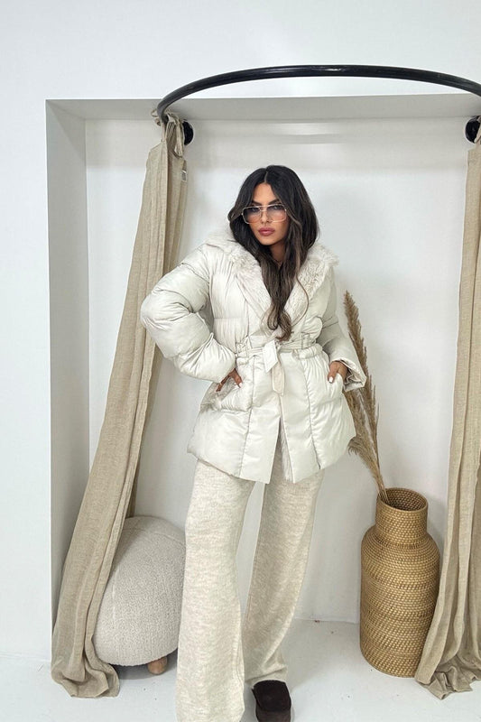 Furred Puffer Coat - Stone
