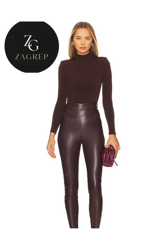 Half Turtleneck Double Layer Side Gathered Bodysuit - Brown