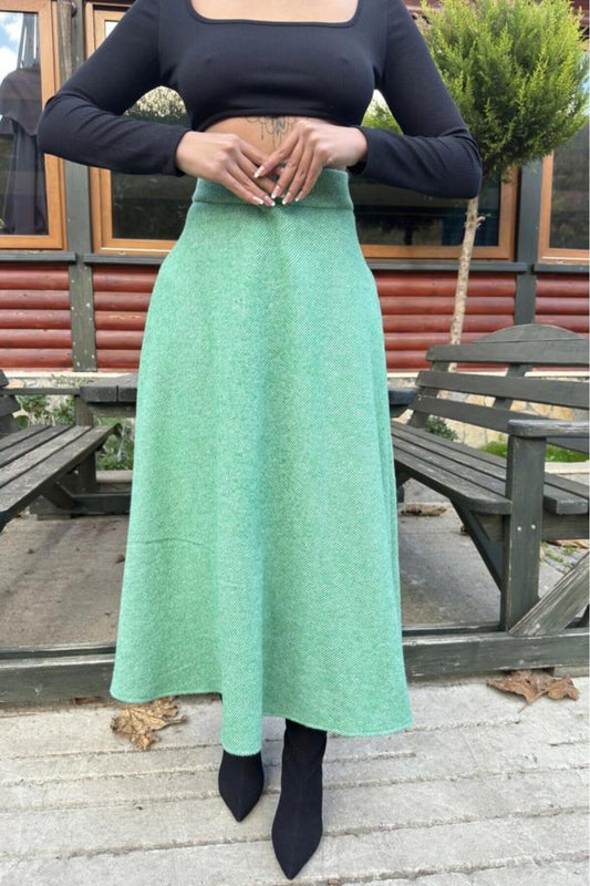 High-Waist Long Flared Flecked Cashmere Skirt - Green