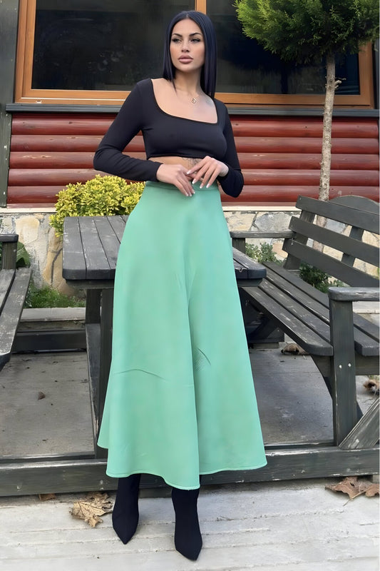High-Waist Long Flared Flecked Cashmere Skirt - Green