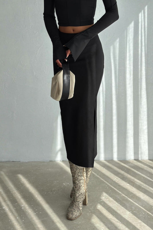 High-Waist Midi Ottoman Slit Detail Skirt - Black