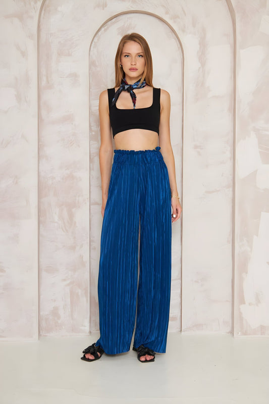 High Waist Wide Leg Crinkled Knit Textured Pants - Indigo