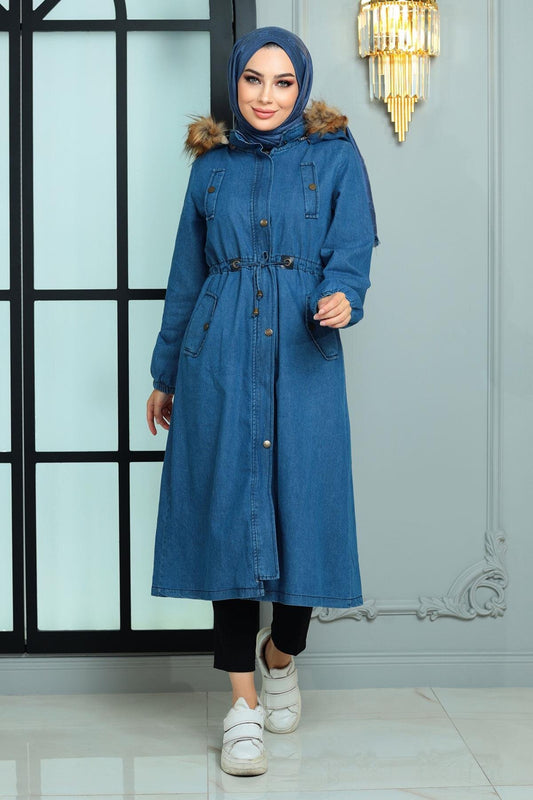 Hooded Dark Denim Coat - Blue