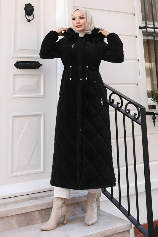 Hooded Quilted Zippered Coat - Black