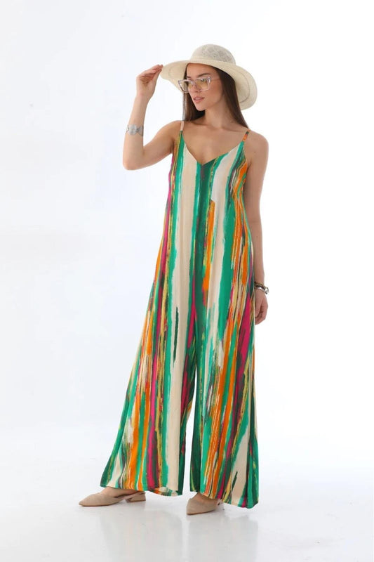 Italian Digital Splash Pattern V Neck Jumpsuit - Green