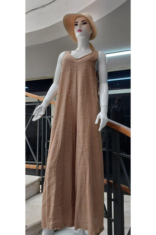 Italian Linen Strappy Jumpsuit - Camel