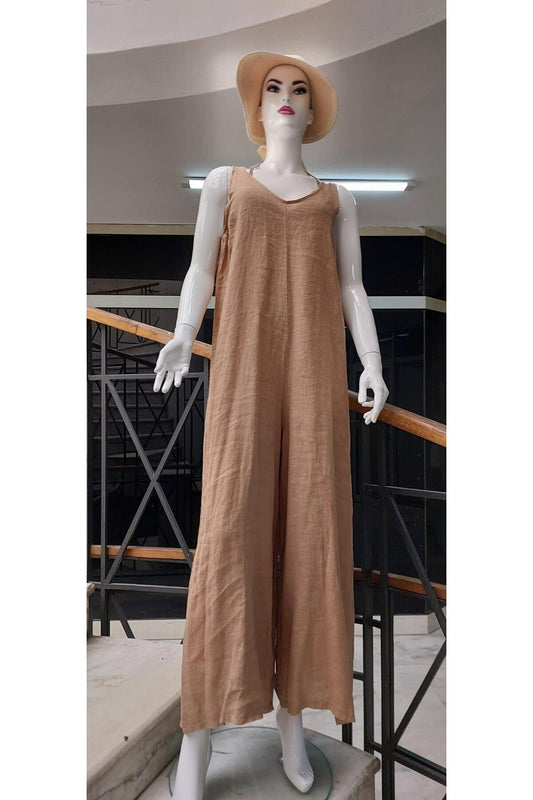 Italian Linen Strappy Jumpsuit - Camel