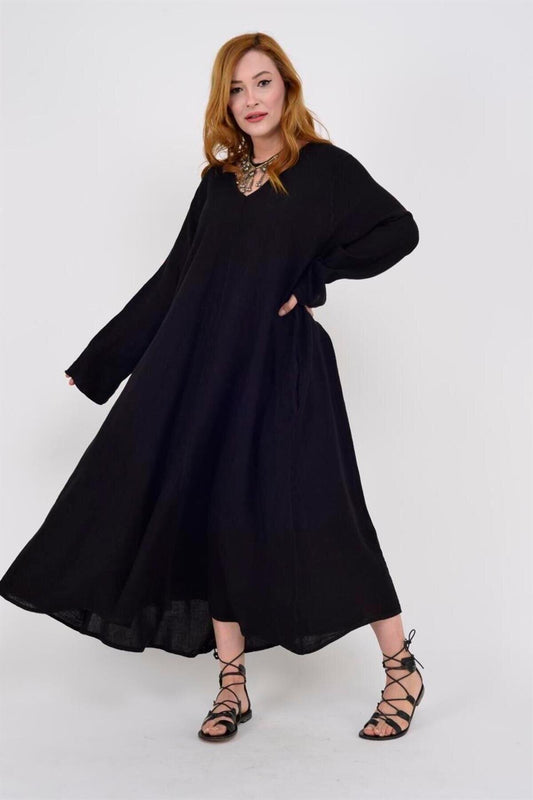 Italian Linen V-Neck Long Sleeve Dress - Black