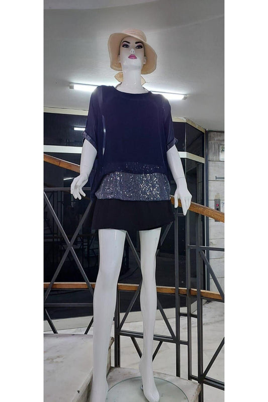 Italian Sequined Silk Batwing Sleeve Blouse - Navy Blue
