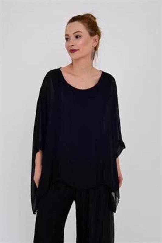 Italian Silk Batwing Sleeve Blouse - Black