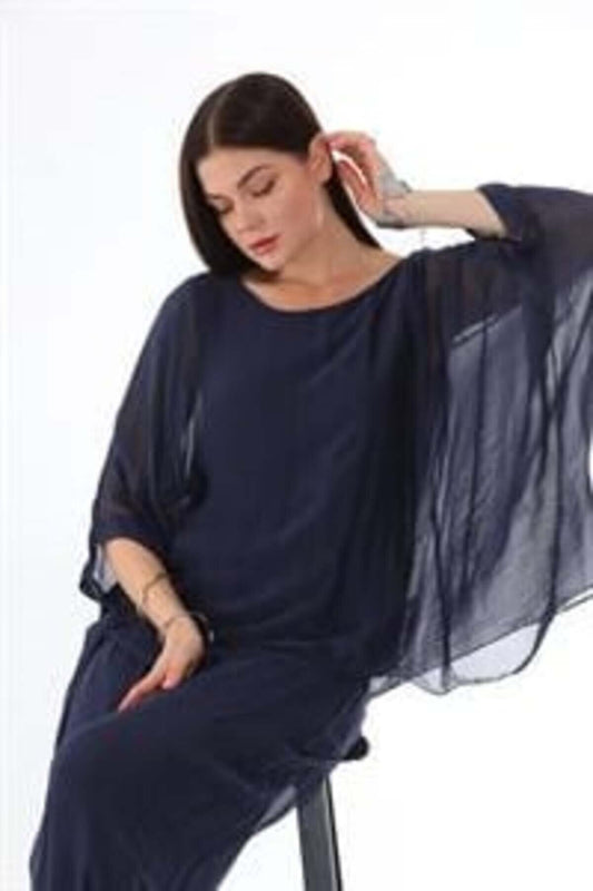 Italian Silk Batwing Sleeve Blouse - Navy Blue