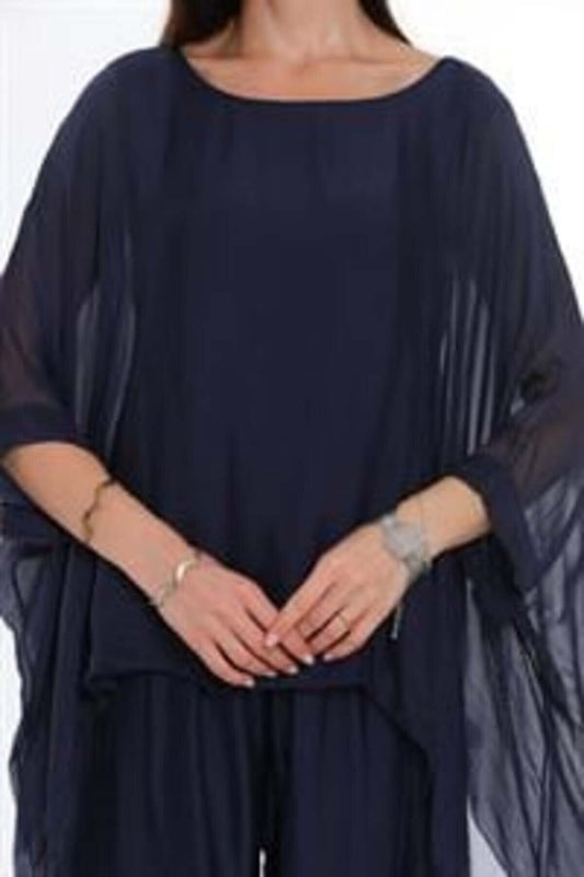 Italian Silk Batwing Sleeve Blouse - Navy Blue