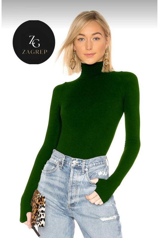 Jersey Turtleneck Thumb Hole Bodysuit - Emerald Green