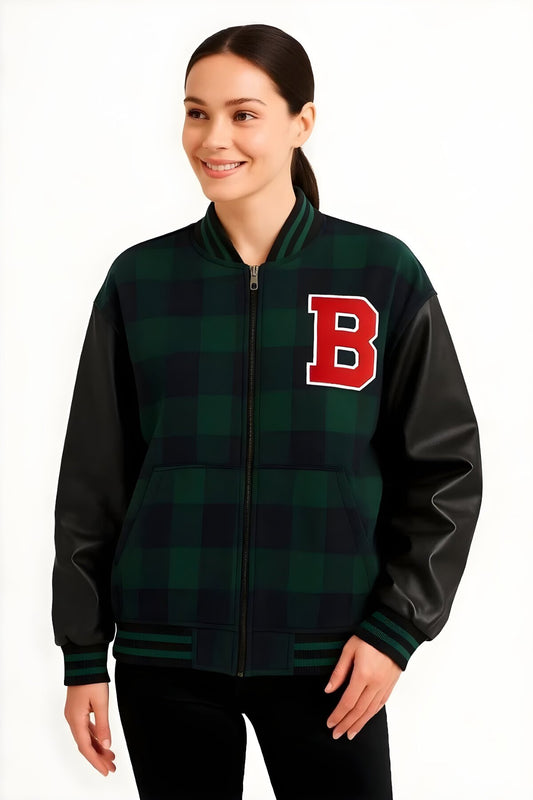 Khaki Embroidered Varsity Faux Leather Quilted Jacket