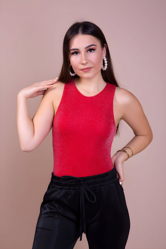Knitted Shimmery Snap-Button Bodysuit - Red