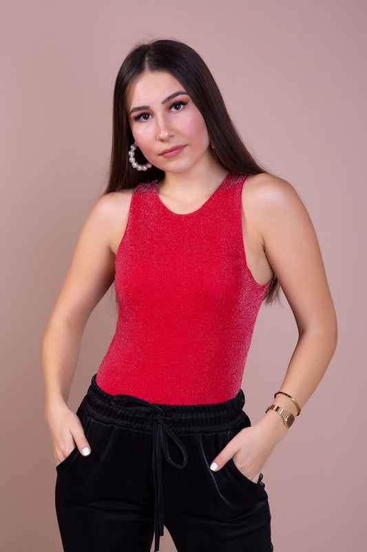 Knitted Shimmery Snap-Button Bodysuit - Red