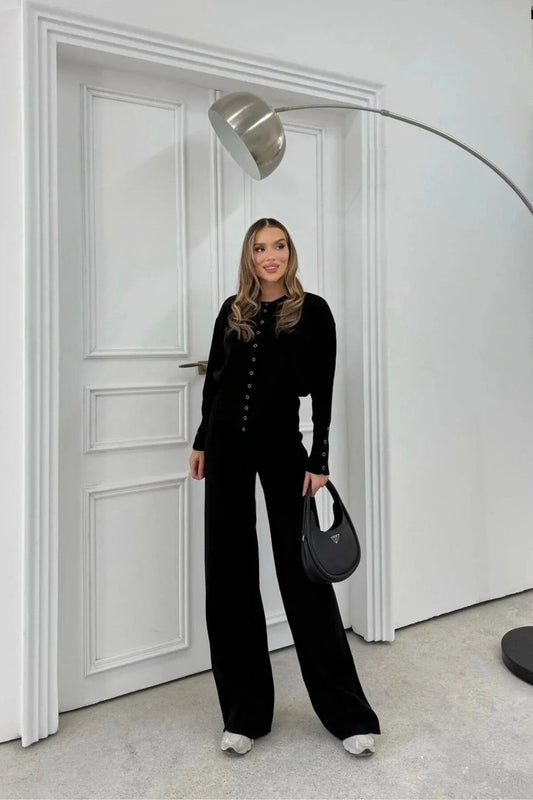 Knitted Two-Piece Snap-Detail Set - Black