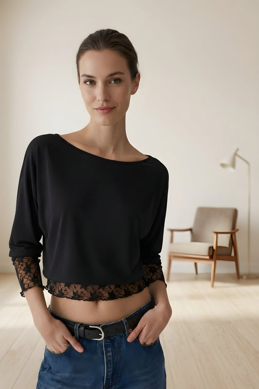 Lace Boat Neck Blouse - Black