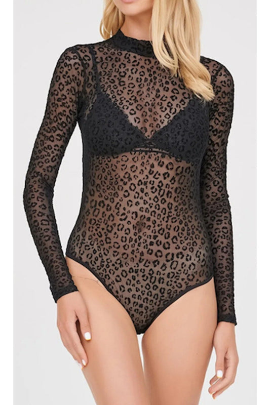 Leopard Flocked Velvet Snap-Closure Bodysuit - Black