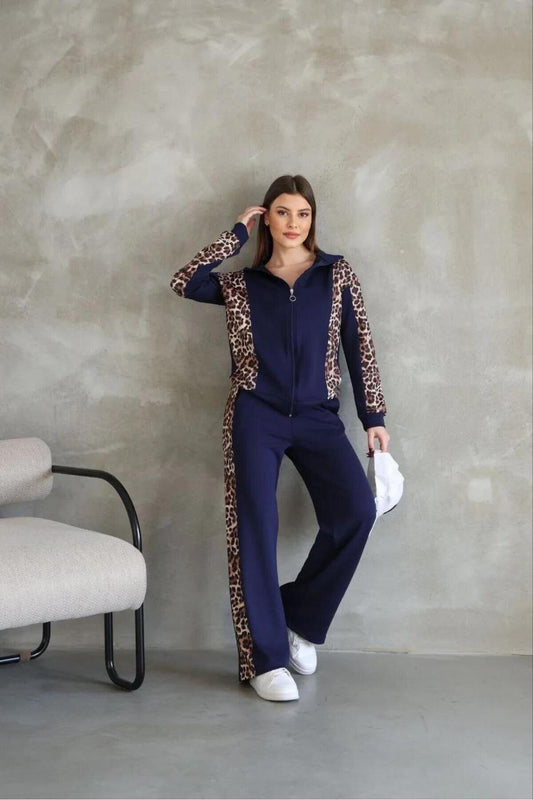 Leopard Pattern Osy Modal Hooded Zip-Up Tracksuit - Navy Blue