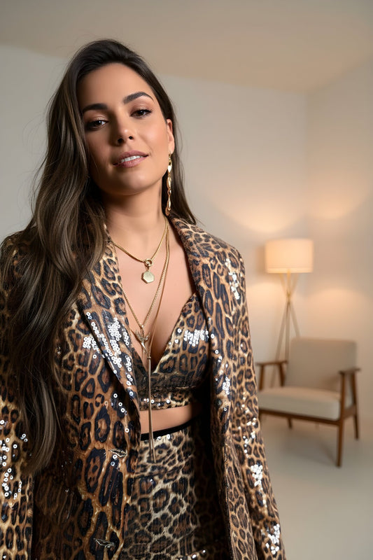 Leopard Sequin Triangle Cup Bustier - Tan