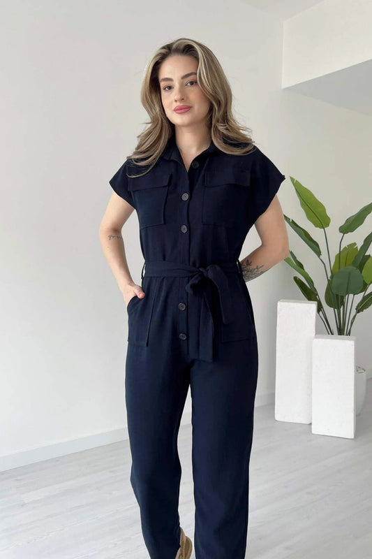 Linen Buttoned Belted Double Pocket Jumpsuit - Navy Blue