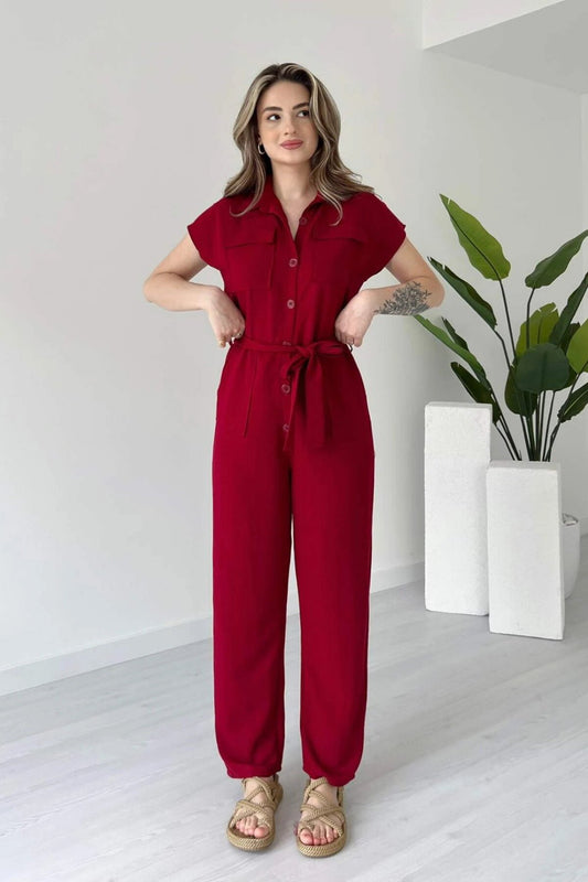 Linen Buttoned Twin Pocket Belted Jumpsuit - Red
