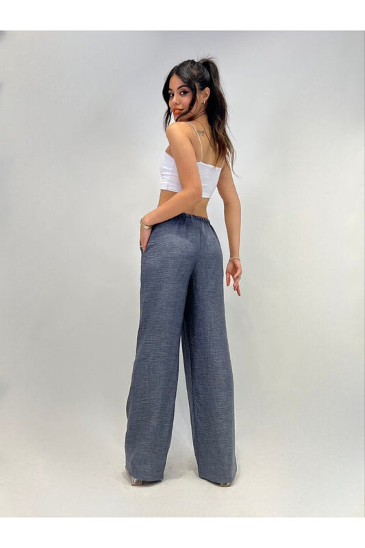 Linen Palazzo Thin-Belted Trousers - Grey