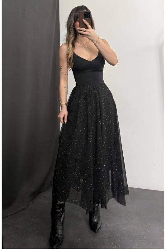 Long Asymmetric Chiffon Stone-Detailed Skirt - Black