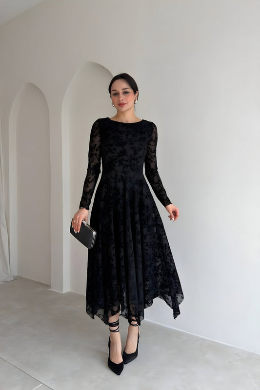 Long Asymmetric Flock Printed Lace Dress - Black