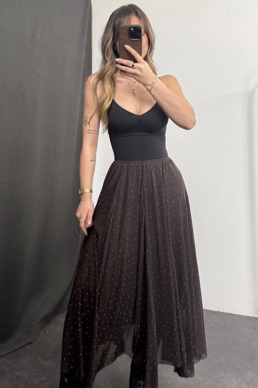 Long Asymmetric Stone-Detail Chiffon Skirt - Brown