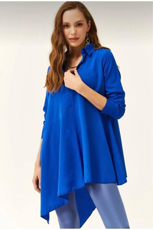 Long Asymmetric Terrycotton Tunic Shirt - Royal Blue