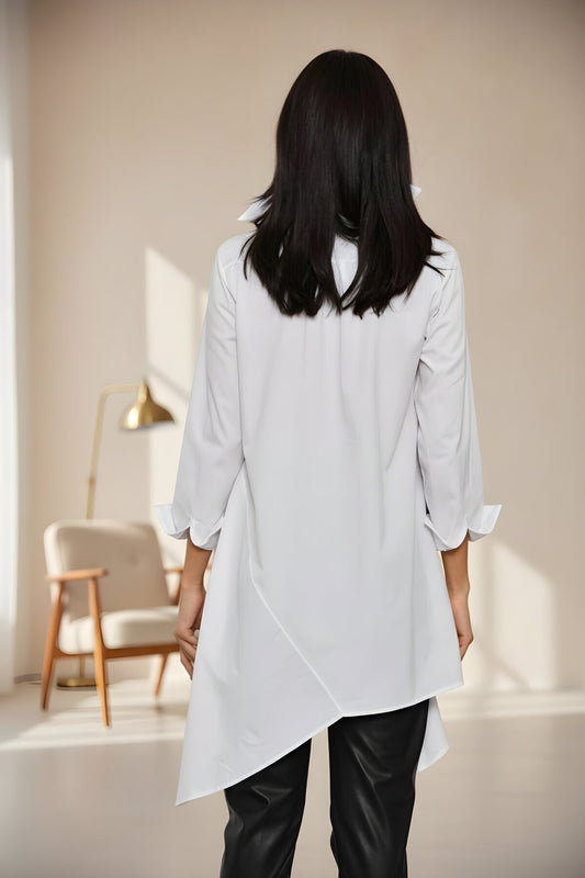 Long Asymmetric Terrycotton Tunic Shirt - White Orange