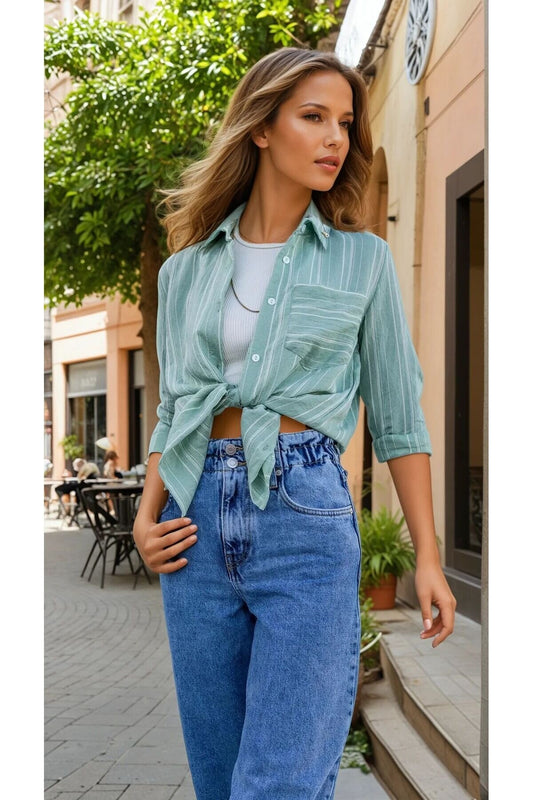 Long-Back Basic Vertical Striped Single Pocket Shirt - Green