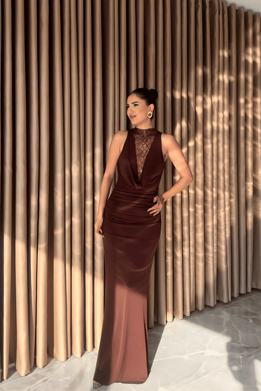 Long Backless Lace Cowl Neck Ruched Evening Dress - Brown