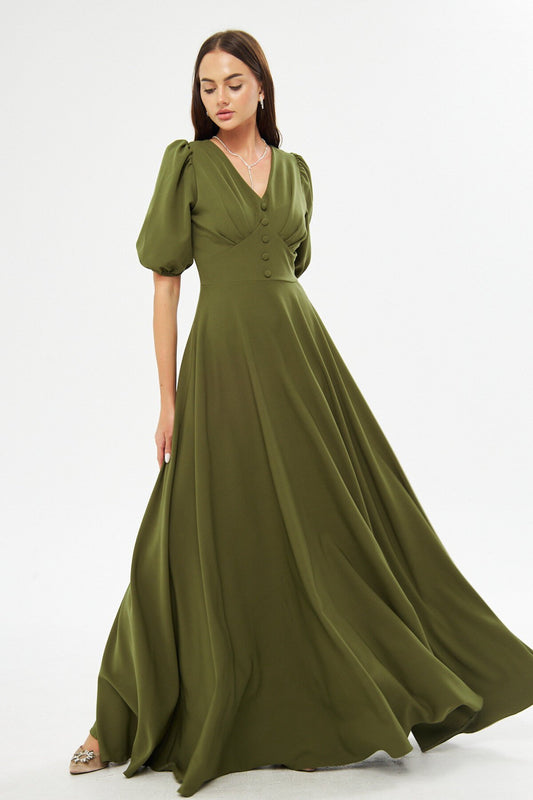 Long Balloon Sleeve V-Neck Corset & Belt Detail Evening Dress - Khaki