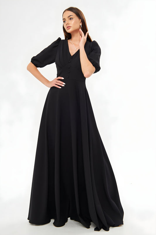 Long Balloon Sleeve V-Neck Pleated Bust Corset Belt Evening Dress - Black