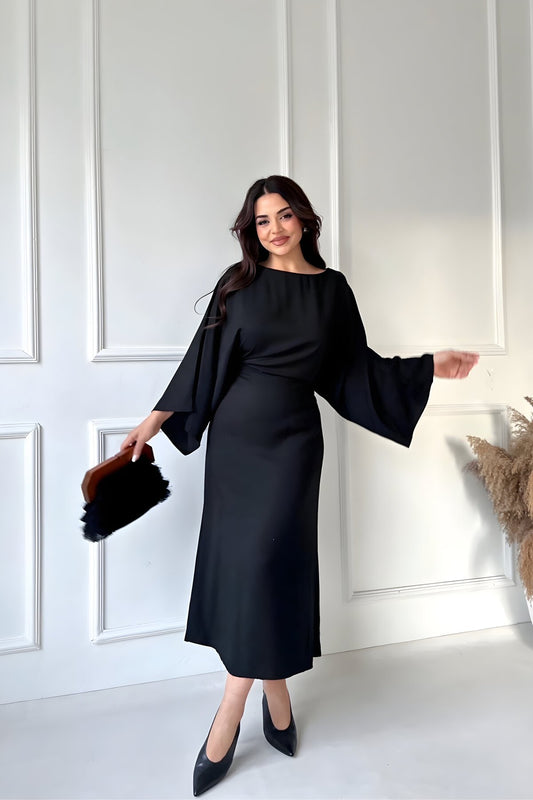 Long Batwing Sleeve Back-Tie Slit Dress - Black
