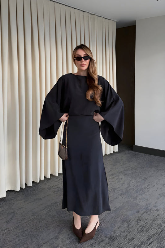 Long Batwing Sleeve Tie-Waist Slit Dress - Black
