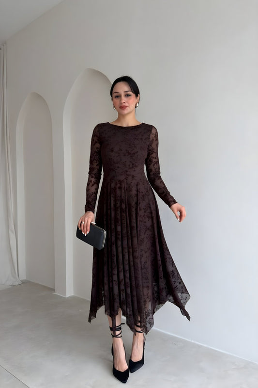 Long Boat Neck Asymmetric Flocked Print Lace Hem Dress - Brown