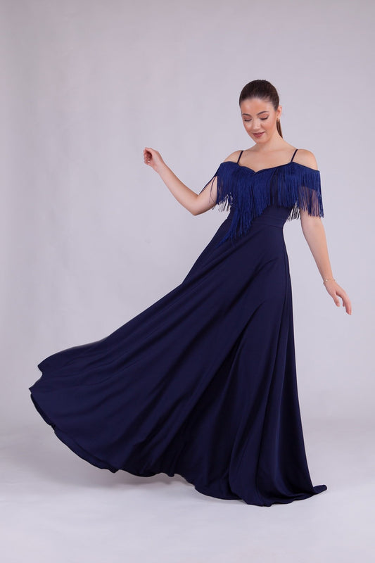 Long Boat Neck Tassel Detail Evening Dress - Navy Blue