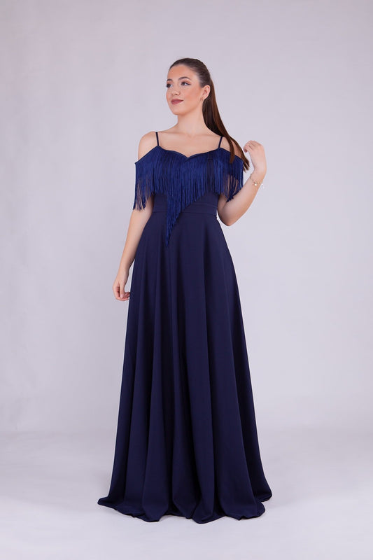 Long Boat Neck Tassel Detail Evening Dress - Navy Blue