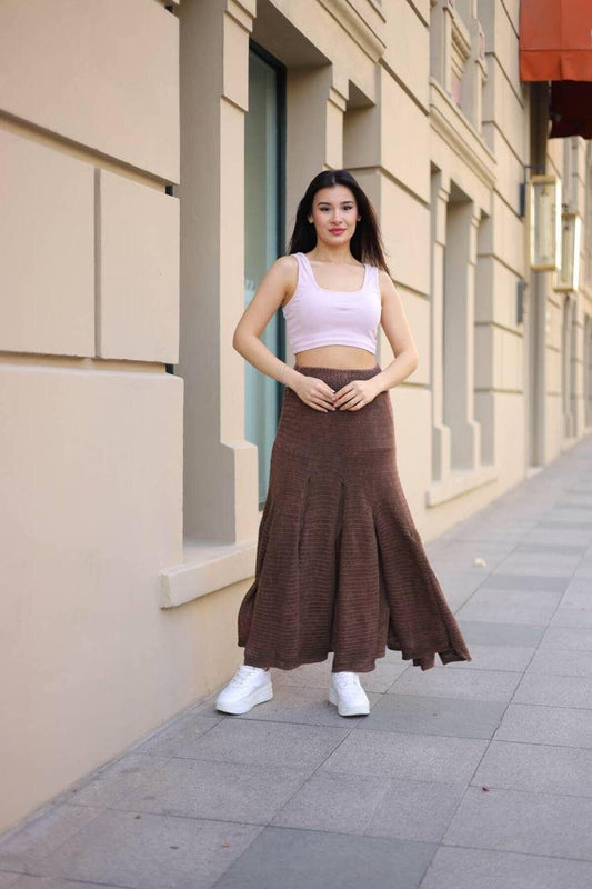 Long Bohemian Cotton Elastic Waist Skirt - Brown