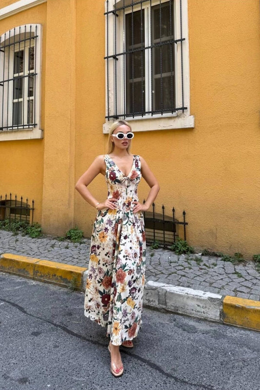 Long Corset-Look Floral Patterned Thick-Strapped Dress - Brown