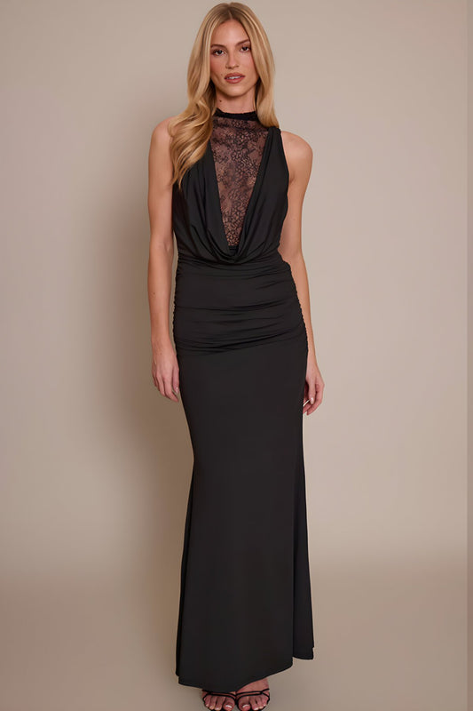 Long Cowl Neck Lace Guipure Evening Dress - Black