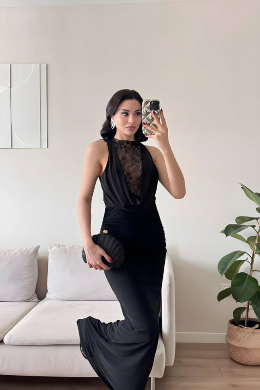 Long Cowl Neck Ruched Lace Detail Evening Dress - Black