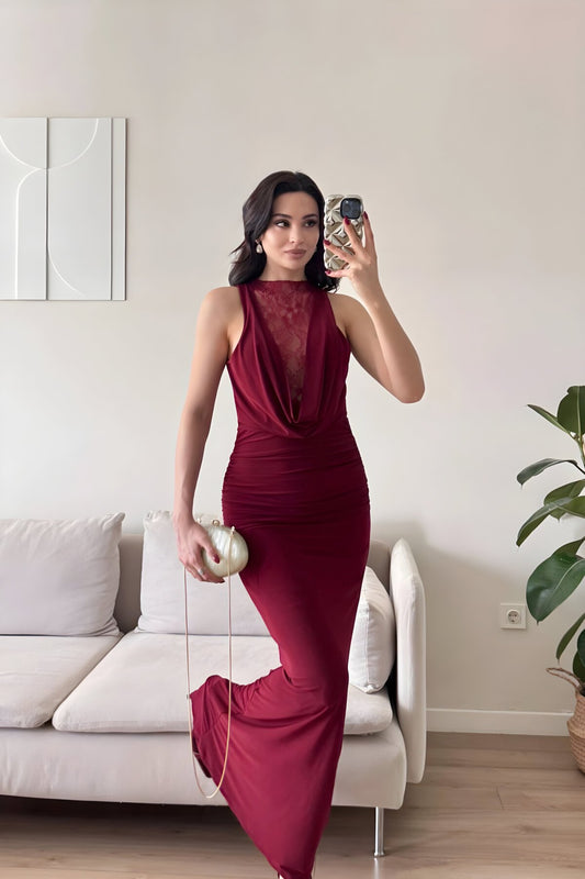 Long Cowl Neck Ruched Lace Detail Evening Dress - Burgundy