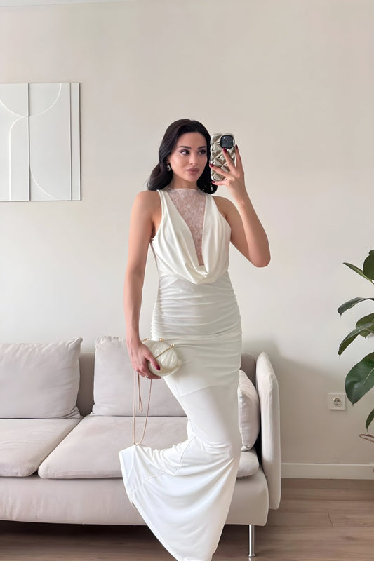 Long Cowl Neck Ruched Lace Detail Evening Dress - White